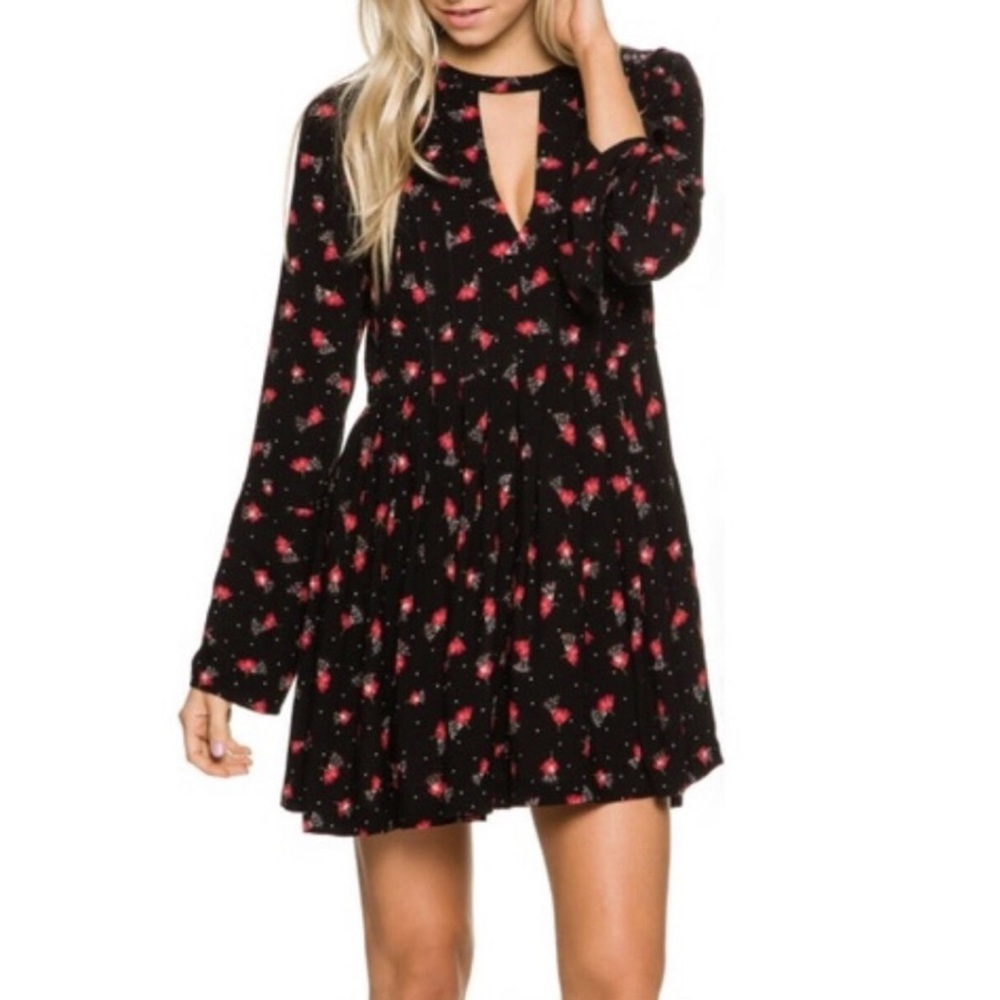 Free People Teagan Black Floral Deep V Neck Open Back Bell Sleeve Mini Dress